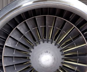 Turbofan jet engine showing fan and bypass.